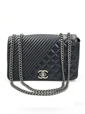 CHANEL Coco boy Flap bag F Black Quilted & Chevron Leather Shoulder Bag